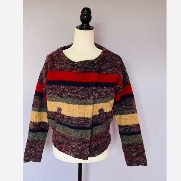 Madewell Red Grey Hi-line Stripe Boucle Knit Wool Cardigan Jacket - Picture 2 of 6